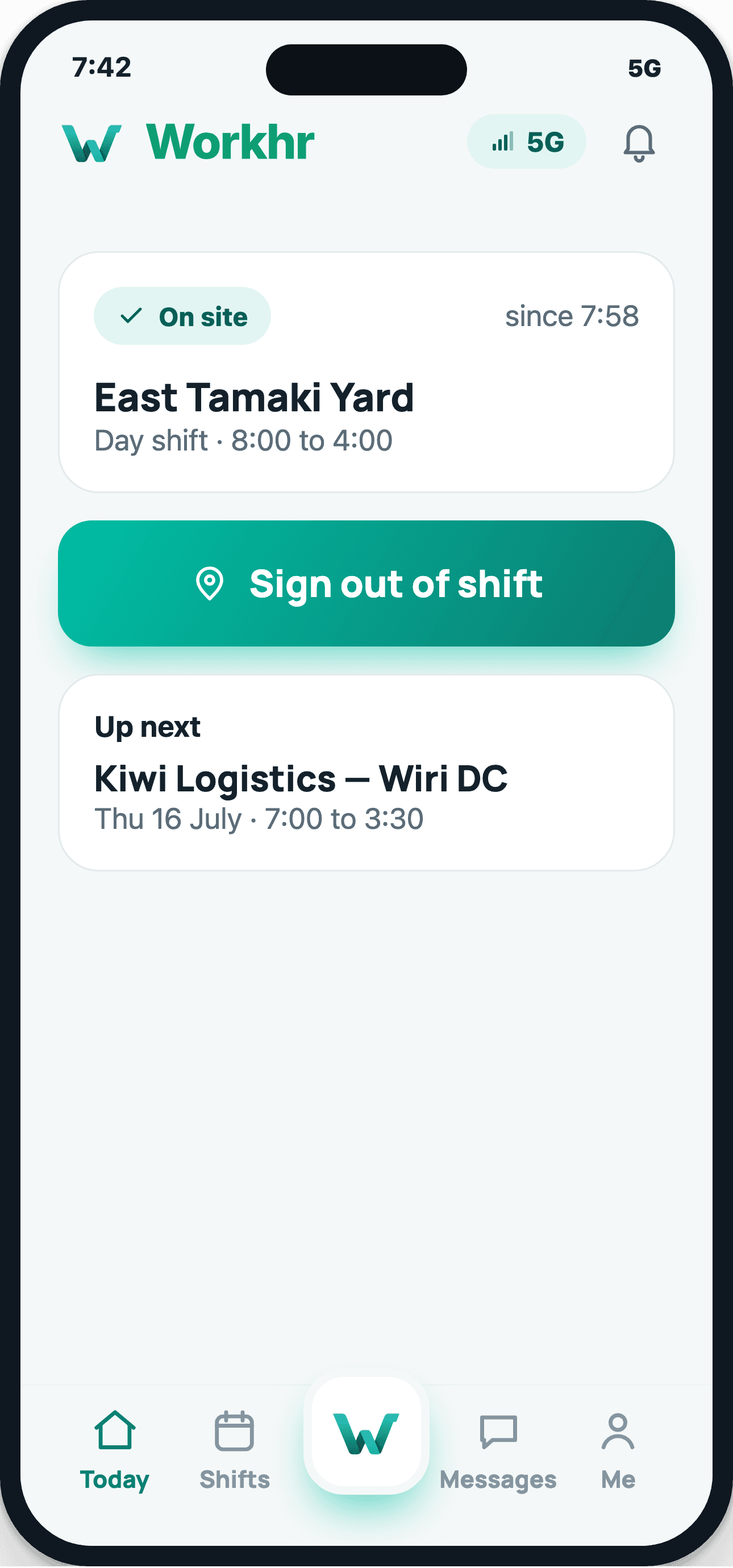 Workhr worker app on a phone: on site at East Tamaki Yard, sign out of shift, next shift at Wiri DC